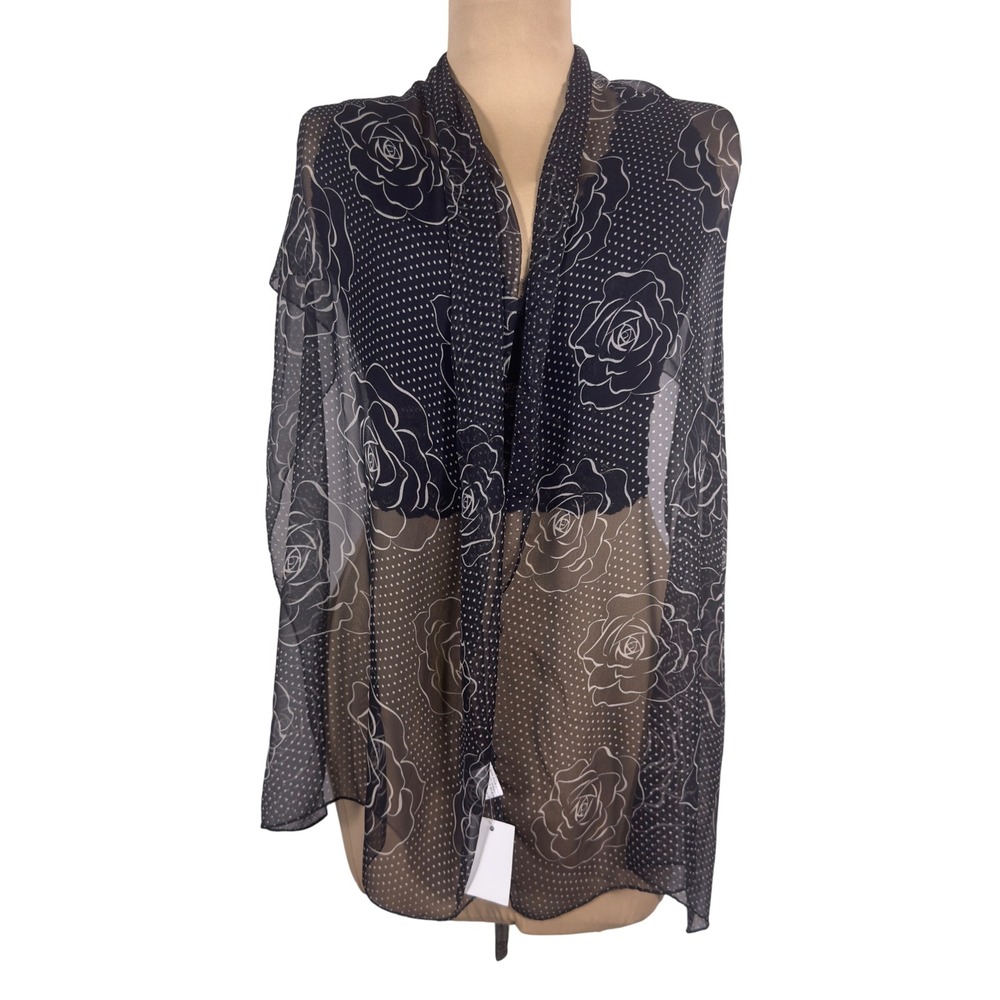 NWT Black‎ Sheer Silk Blend Rose Scarf Polka Dot Dark Romantic Coquette Wrap